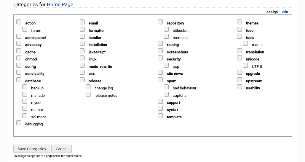Screenshot: WackoWiki R5.5 Assign Categories